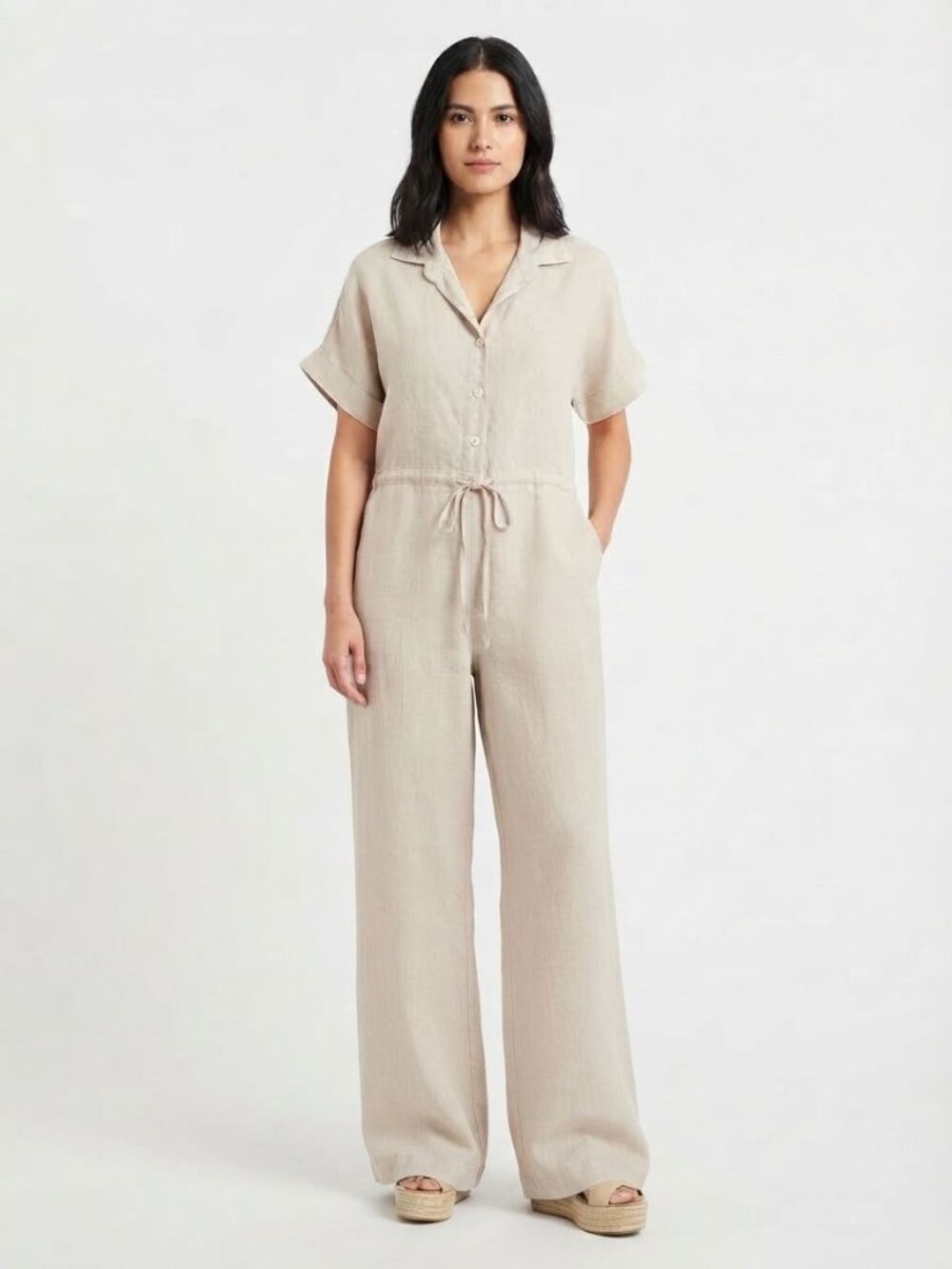 Italian 100% Linen Neutral Beige Short Sleeve Jumpsuit size large